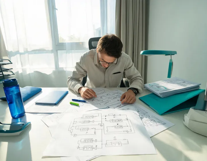 Engineer reviewing battery energy storage documentation